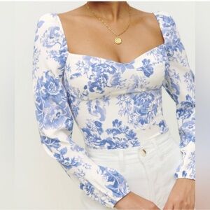 Reformation Reign Top Olympia White Blue Floral Smocked Long Puff Sleeves